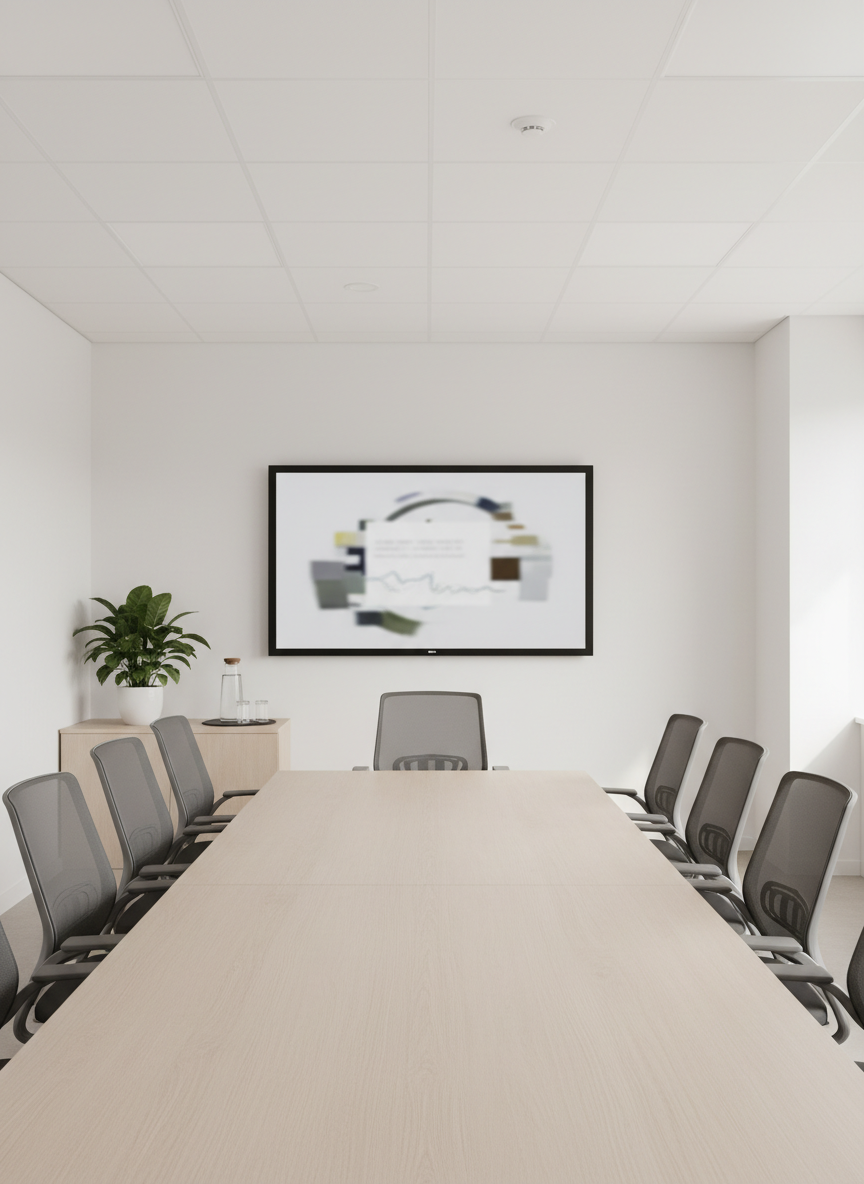 A modern hospital meeting room prepared for a staff briefing, entirely empty, with a long light-wood conference table, several ergonomic gray chairs pushed in neatly, and a large wall-mounted screen showing an abstract, unfocused chart with no legible content. A slim glass carafe of water and two empty glasses sit on a small sideboard, alongside a simple potted plant. The walls are plain white with no artwork or branding, maintaining anonymity. Soft ceiling panel lighting provides even, shadow-free illumination, complemented by subtle daylight from an unseen window. Photographic realism at eye level with symmetrical composition, emphasizing order and professionalism. The atmosphere feels focused yet calm, ideal for a hospital blog article about internal meetings, training, or announcements without referencing specific services.