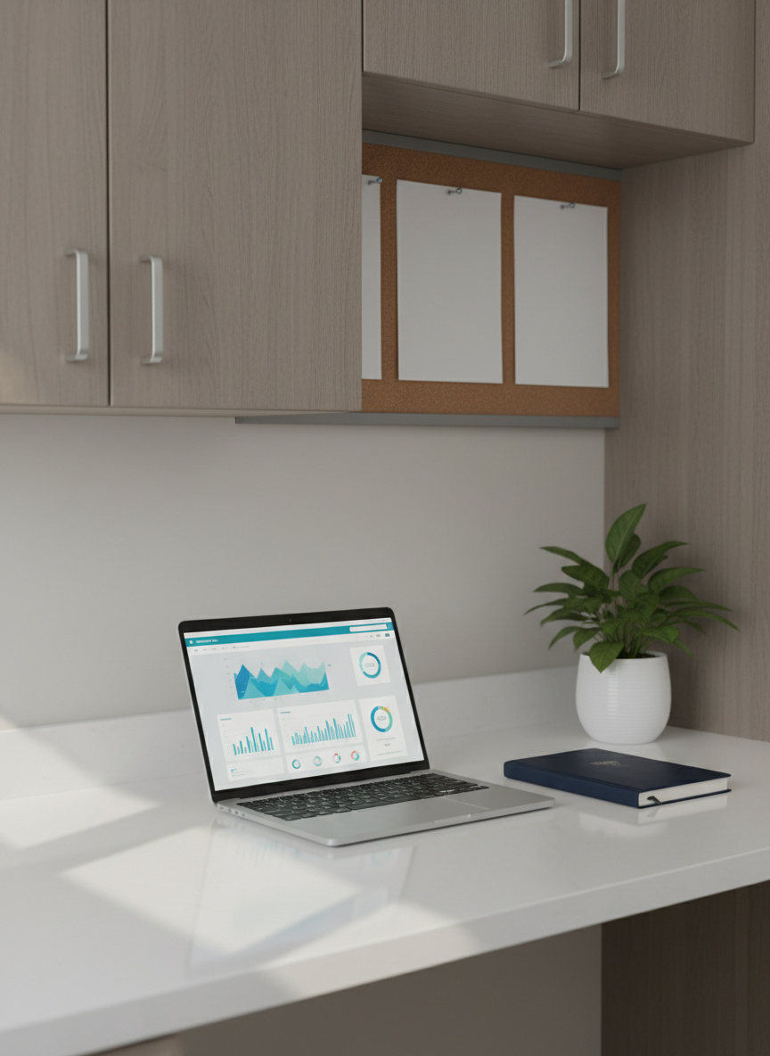 A neatly arranged hospital staff workstation without people, featuring a spotless white desk with a silver laptop open to a generic dashboard, a closed navy-blue planner, and a small, healthy green indoor plant in a white ceramic pot. Behind the desk, neutral-colored built-in cabinets and a simple bulletin board hold blank, unbranded papers with no legible text or logos. Soft daylight from an unseen window to the left washes the scene in gentle, diffused light, creating calm shadows and subtle reflections on the desk surface. Photographic realism from a slightly elevated, eye-level angle, with a shallow depth of field that keeps the desk in sharp focus while the background gently blurs, conveying a professional, trustworthy, and orderly hospital blog atmosphere.